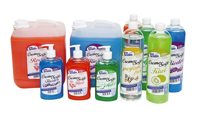 Perladin Cremeseifen in unterschiedlichen Farben und Duftnoten, sowie in den Gebinden 500ml Pumpspender, 1 Liter Flaschen und 5 Liter Kanistern